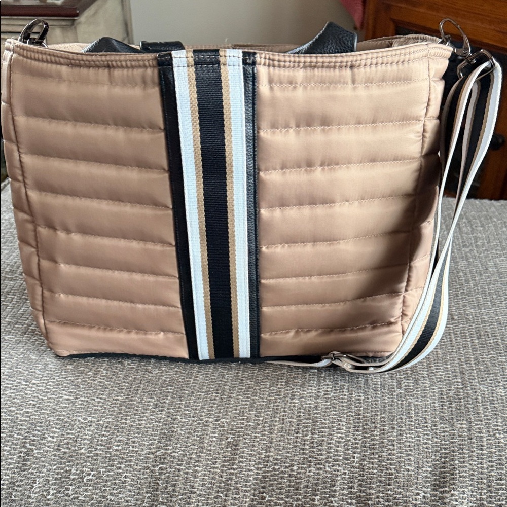 THINK ROYLN Tan Quilted Tote with Stripes